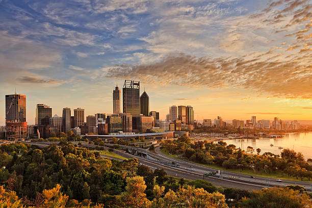 Western Australia's Perth city skyline at sunset.
