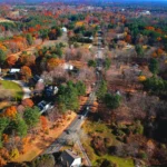 An aerial view of a straight road cutting through a dense forest