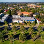 An aerial view of a coastal suburban neighbourhood featuring a row of palm trees in the foreground
