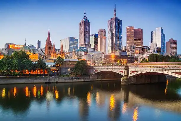 A view of the Melbourne skyline at dusk from across the Yarra River