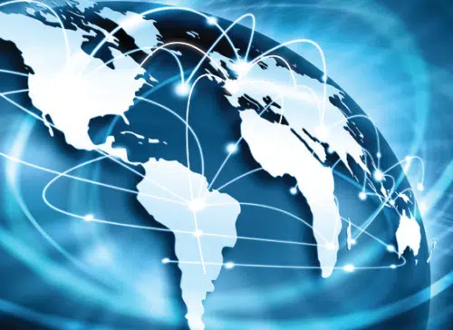 A digital illustration of a stylised blue globe showing the continents
