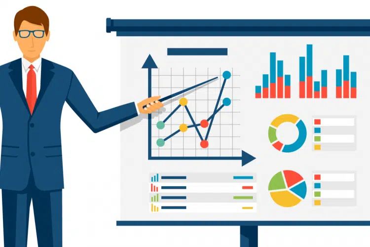An illustration of a businessman in a blue suit and red tie pointing to a presentation board