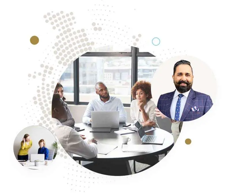 A collage featuring a central circular image of diverse business professionals in a meeting around a table with laptops.