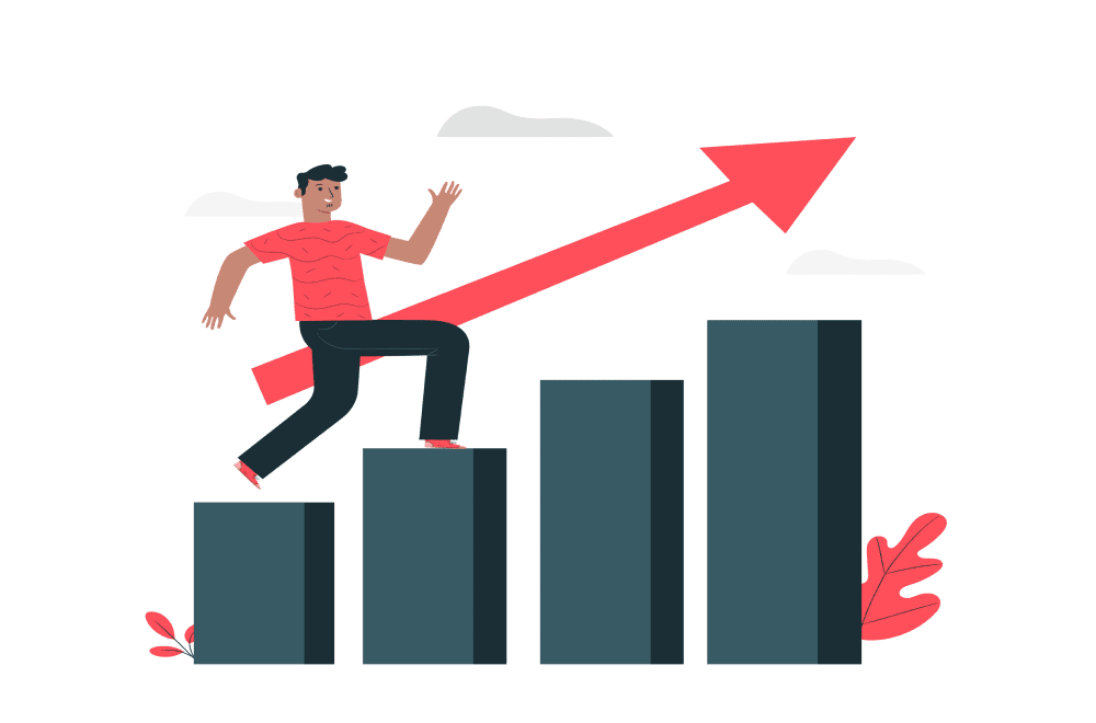 An illustration of a person in a red shirt and black pants running upward along a large red arrow that points toward the top right corner.