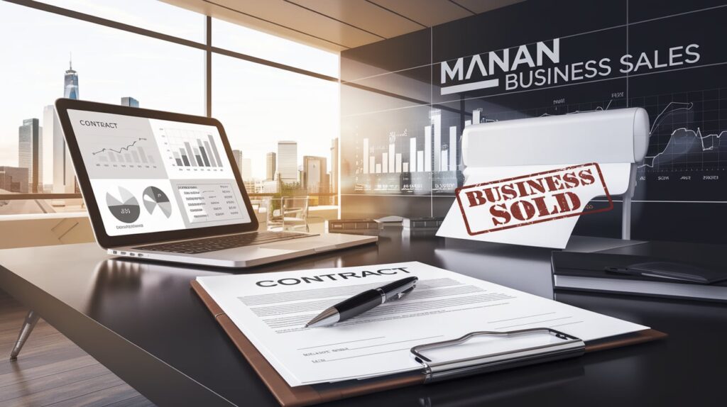 A wide-angle, low-angle shot of a modern office desk of MANAN BUSINESS SALES