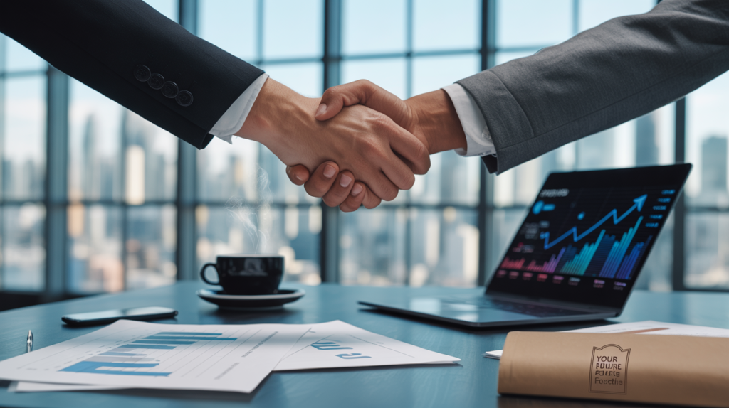 A close-up of a firm handshake between two individuals in professional business suits over a modern office desk.