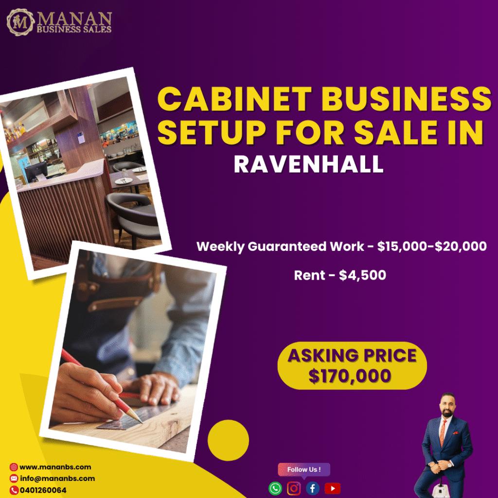 A promotional flyer for a "CABINET BUSINESS SETUP FOR SALE IN RAVENHALL"