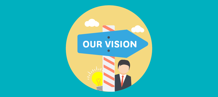 An illustration centred in a yellow circle on a teal background shows a blue arrow-shaped sign pointing to the right with the white text "OUR VISION".