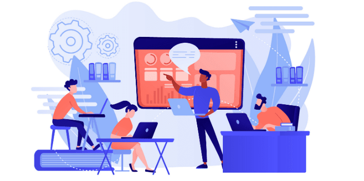 An illustration of a diverse team of four professionals working in a modern office environment.