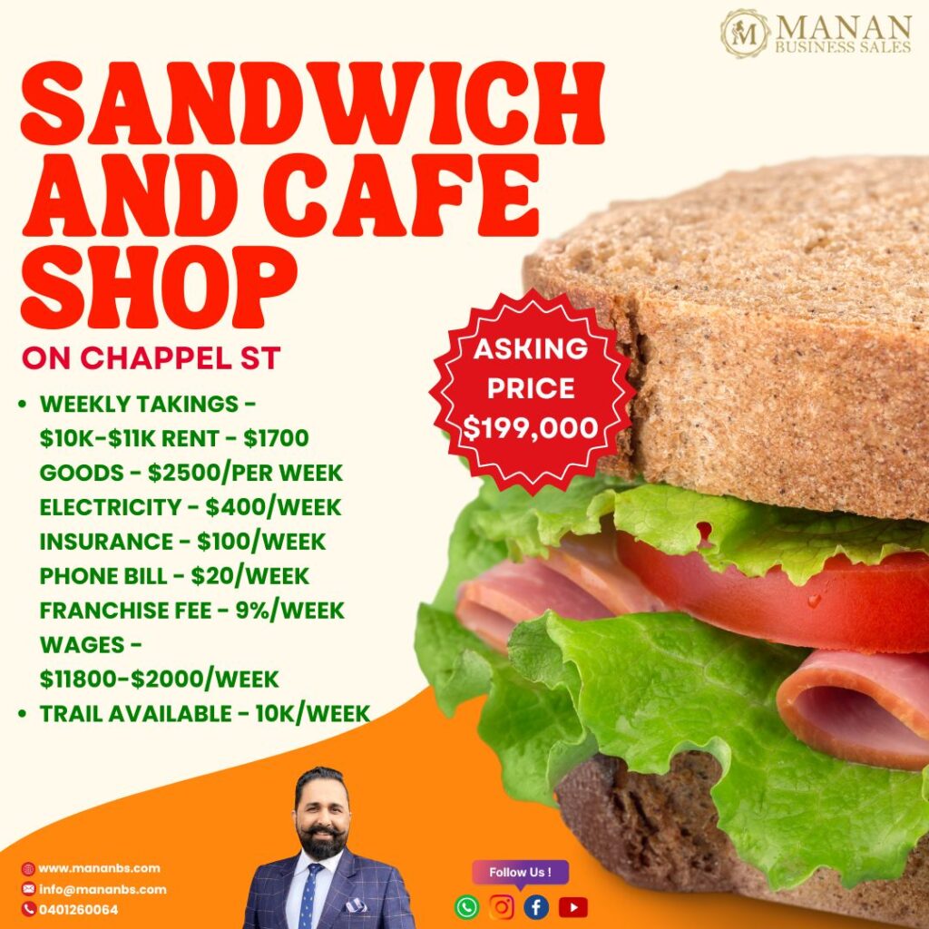 A promotional flyer for a "SANDWICH AND CAFE SHOP"