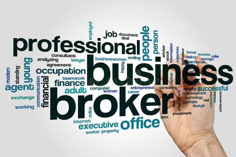 A word cloud centred around the bold black text "business broker" on a light grey background.