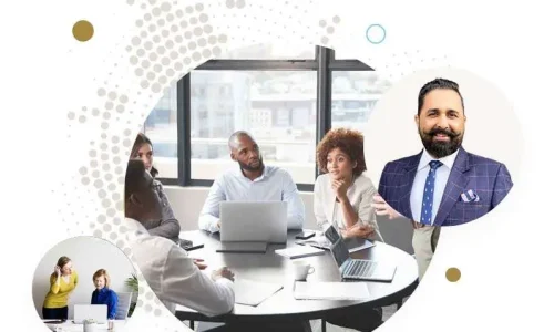A collage featuring a central circular image of diverse business professionals in a meeting around a table with laptops.