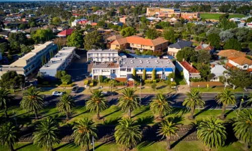 An aerial view of a low-rise apartment complex featuring blue awnings, situated behind a row of tall palm trees lining a suburban street.