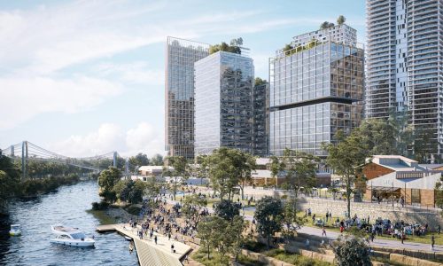 A digital rendering of a bustling riverfront development featuring modern glass high-rise buildings with rooftop greenery.