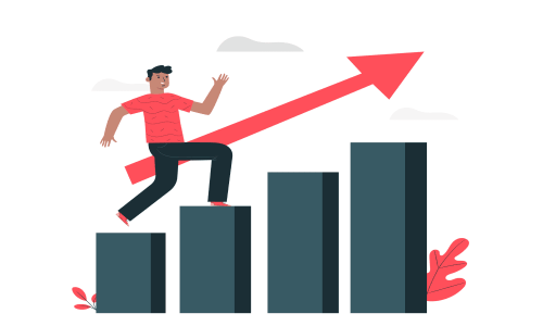 An illustration of a person in a red shirt and black pants running upward along a large red arrow that points toward the top right corner.