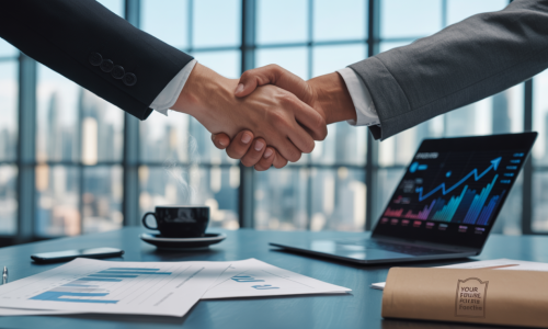 A close-up of a firm handshake between two individuals in professional business suits over a modern office desk.