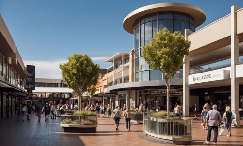 A view of a bright, open-air shopping plaza with a modern circular glass tower