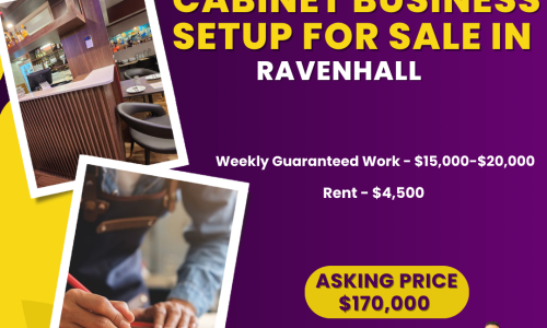 A promotional flyer for a "CABINET BUSINESS SETUP FOR SALE IN RAVENHALL"