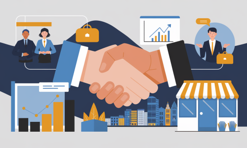 A conceptual illustration of a large handshake in the centre, representing a business agreement.