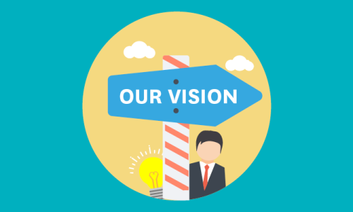 An illustration centred in a yellow circle on a teal background shows a blue arrow-shaped sign pointing to the right with the white text "OUR VISION".