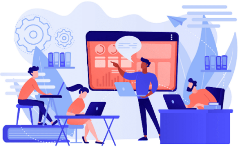An illustration of a diverse team of four professionals working in a modern office environment.