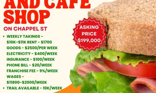A promotional flyer for a "SANDWICH AND CAFE SHOP"