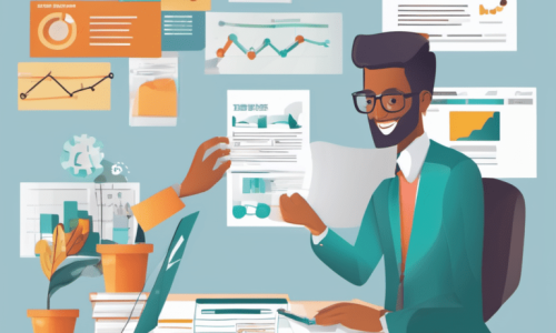 An illustration of a smiling man with a beard and glasses, wearing a teal suit, sitting at a desk and reviewing a document.